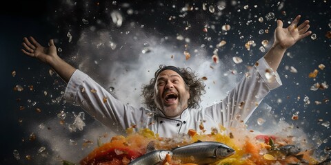 Joyful chef in a burst of culinary creativity. dynamic cooking moment captured. perfect for food-related content. celebratory, engaging, vibrant. AI