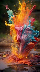 Fototapeta na wymiar Splashes of paint for Holi in nature