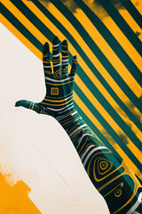 graffiti on the wall of a building, 
illustration of a close-up view of hand wearing a analog tech gauntlet with bizarre black and green,  light yellow and dark white,