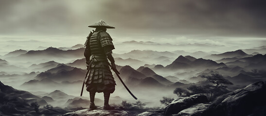 antico guerriero samurai che dalla cima di un monte osserva una vallata nebbiosa - obrazy, fototapety, plakaty