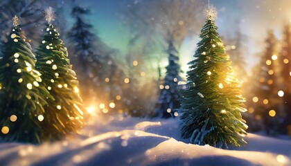 christmas decorated green spruce trees in winter forest abstract fantasy festive christmas tree background header wallpaper winter abstract landscape sunlight in the winter forest