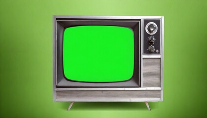 old silver vintage tv with green screen to add new images to the screen vcr on wallpaper background