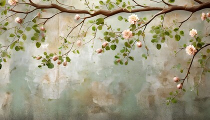 hanging branches on which flower buds with leaves on a textured worn wall photo wallpaper in the interior