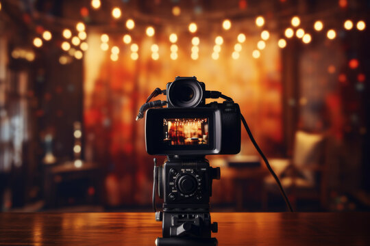 Close up of video camera with screen, blurred studio background with lights in the background 