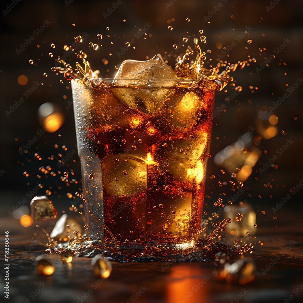 Poster refreshing cold beverage in glass with ice cubes splashing. dynamic drink image capturing movement a