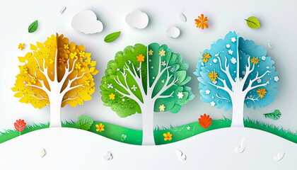 seasons tree isolated on white background, spring with flowers, green summer, yellow autumn, snow winter. Vector illustration. Paper cut cartoon style, nature and environment