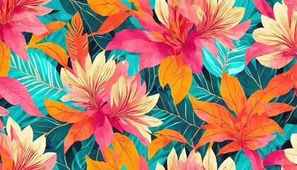 a floral fabric design or wallpaper the flowers are in shades of pink orange and yellow the leaves are in shades of green and blue the exotic plants have repeating patterns 