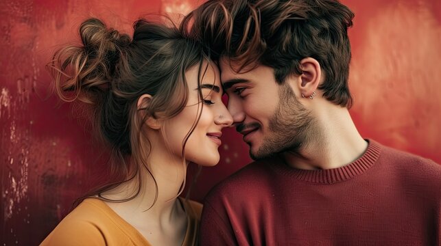 Beautiful young couple in love looking at each other on red background