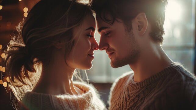 Beautiful young couple in love is hugging and smiling while sitting in cafe