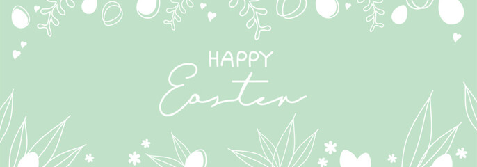 Happy Easter banner. Festive frame template with trendy outlined geometric pattern on easter eggs. Decorative horizontal banner with easter eggs and leaves. Holiday vector frame with space for text