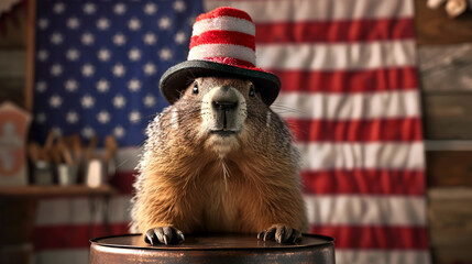 Curious groundhog in vintage cylinder hat standing on the tribune on the american USA flag background/ Groundhog Day celebration, February 2nd - obrazy, fototapety, plakaty