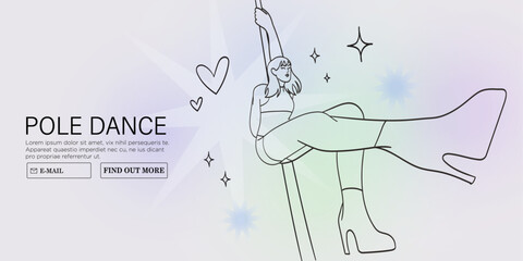 Young sexy female character in lingerie on high hills perform pole dance in fitness studio or competition. Modern fitness classes for women vector illustration. Poledancer stretching or exercising.