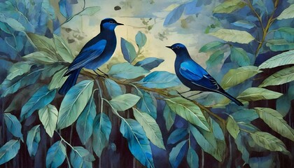 art picture where the birds stand in the leaves drawing in dark blue color the drawing can be used as a picture or as a photo wallpaper in the interior
