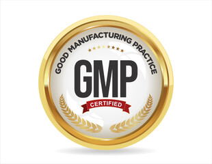 GMP Good Manufacturing Practice certified gold stamp on white background  