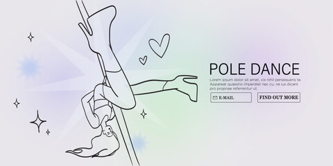Young sexy female character in lingerie on high hills perform pole dance in fitness studio or competition. Modern fitness classes for women vector illustration. Poledancer stretching or exercising.