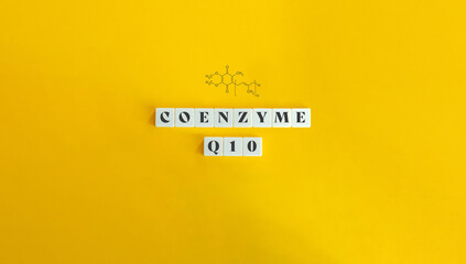 Coenzyme Q10, CoQ10 Banner with Structural Chemical Formula. Block Letter Tiles on Yellow...