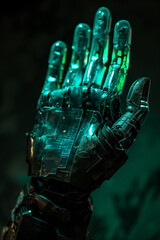 illustration of a close-up view of robot hand with analog tech glass gauntlet with bizarre black and green, surreal photography