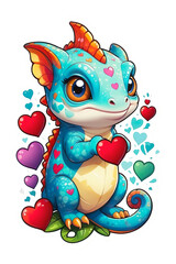 chameleon. dragon. transparent background. cute sticker, cartoon style, chameleon character in white frame, colorful detailed illustration of cute chameleon with hearts