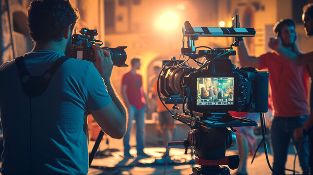 Film Director, A film director on a movie set, giving directions to actors and crew, with camera equipment and a clapperboard in the foreground.