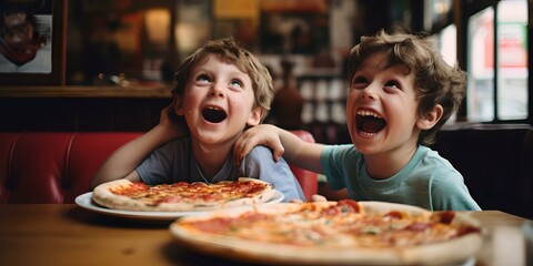 Two joyful children laughing in a pizzeria, sharing a delicious pizza. moments of happiness captured. AI - obrazy, fototapety, plakaty
