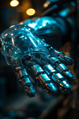 illustration of a close-up view of robot hand with analog tech glass gauntlet with bizarre black and green, surreal photography