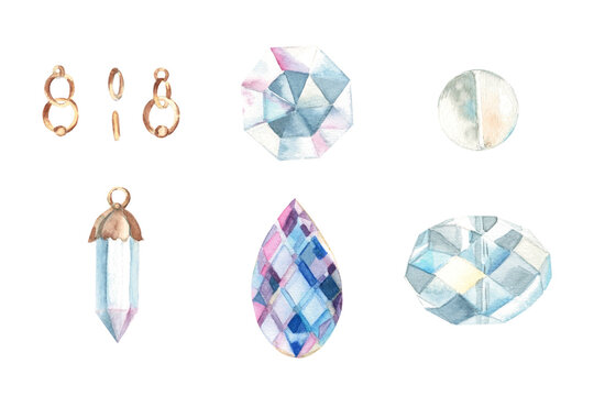 Jewelry set. White quartz crystal, glass crystals of different shapes, copper rings. Vintage design elements. Watercolor hand drawn illustration isolated on white background.