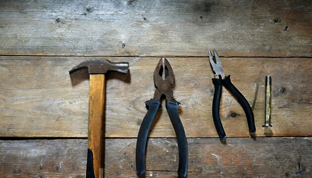 old pliers hammer and pincers on an old wooden workbench old work tools