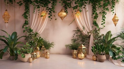 Fototapeta na wymiar Peaceful Alcove Adorned with Golden Lanterns and Plants