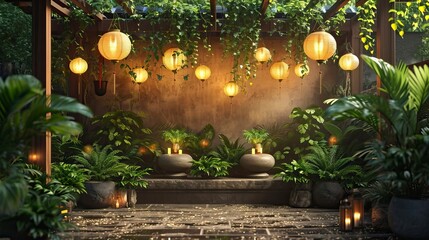 Peaceful Alcove Adorned with Golden Lanterns and Plants