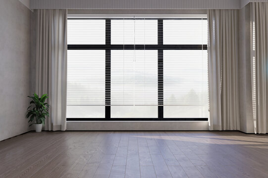 Minimalist empty interior with big window. 3d render, mock up for furniture placement