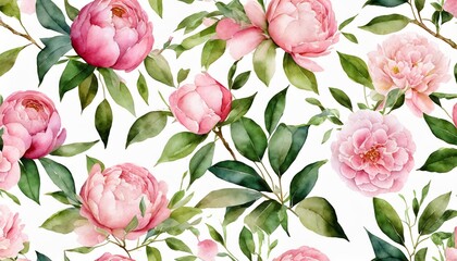 seamless floral watercolor pattern with garden pink flowers roses peonies leaves branches botanic tile background