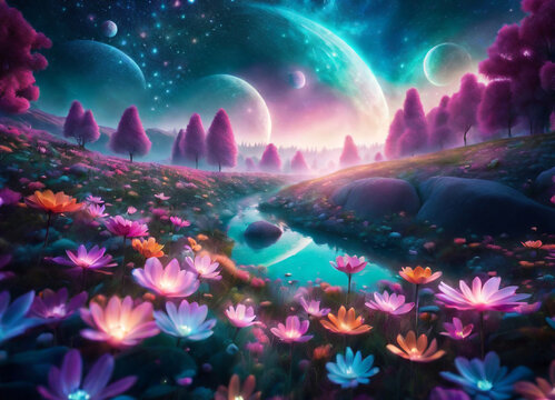 This enchanting image captures a mystical landscape bathed in the soft glow of a radiant moon, making it an ideal choice for projects related to fantasy, nature, and serenity.