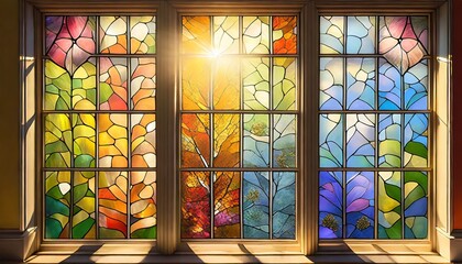  illustration of luminous stained glass window showing the annual progression of the seasons spring summer autumn winter