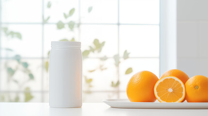 Oranges posées sur le comptoir d'une cuisine, à côté d'une fenêtre donnant sur un paysage ensoleillé et avec de la végétation. Ambiance lumineuse, très claire. Pour conception et création graphique.