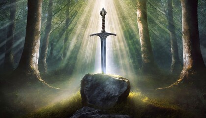 excalibur sword in the stone with light rays in a dark forest digital illustration