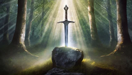 Rolgordijnen excalibur sword in the stone with light rays in a dark forest digital illustration © Raymond