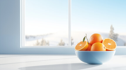 Oranges posées sur le comptoir d'une cuisine, à côté d'une fenêtre donnant sur un paysage ensoleillé et avec de la végétation. Ambiance lumineuse, très claire. Pour conception et création graphique. - obrazy, fototapety, plakaty