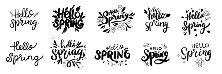 Hello Spring collection text banner. Handwriting Hello Spring set lettering. Hand drawn vector art - obrazy, fototapety, plakaty