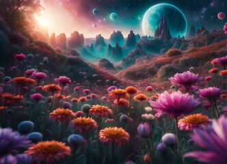 Fototapeta na wymiar This enchanting image captures a mystical landscape bathed in the soft glow of a radiant moon, making it an ideal choice for projects related to fantasy, nature, and serenity.