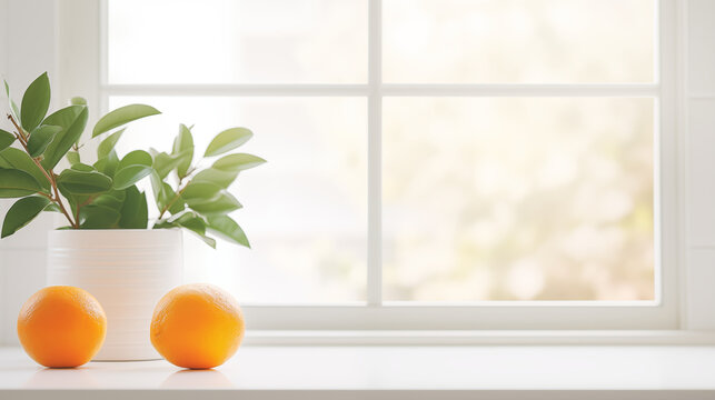 Oranges pos&eacute;es sur le comptoir d'une cuisine, &agrave; c&ocirc;t&eacute; d'une fen&ecirc;tre donnant sur un paysage ensoleill&eacute; et avec de la v&eacute;g&eacute;tation. Ambiance lumineuse, tr&egrave;s claire. Pour conception et cr&eacute;ation graphique.