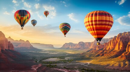 Fototapeta premium Hot air balloons fly over a beautiful canyon
