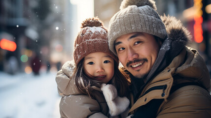 Fototapeta premium happy father and daughter on the city street in winter