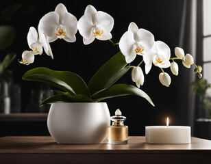 The image showcases a beautiful arrangement of white orchids with a golden background. The orchids are blooming from a plant with green leaves, positioned on a white pedestal with gold trim.