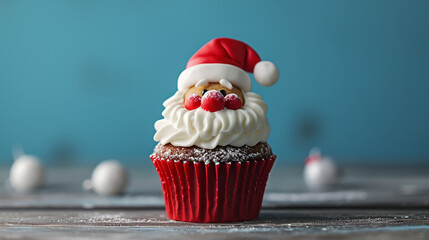 Santa Claus cupcake on blue background Generative Ai