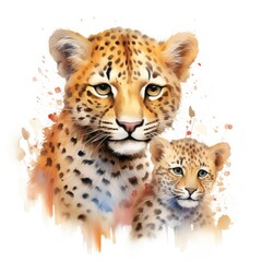 Illustration of a leopard family with flowers on a white background.