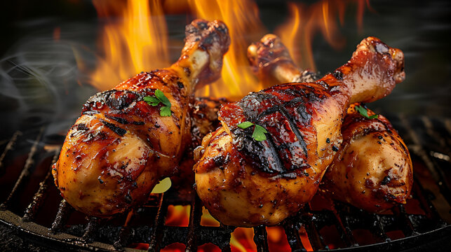 Seasoned juicy chicken drumsticks grilled on barbecue with fire and smoke background, Generative Ai
