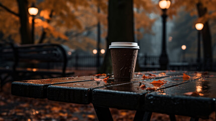 The coffee cup sits on a black metal bench in the autumn