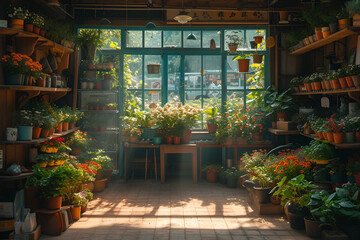 Fototapeta na wymiar A garden shed filled with potted plants and a gardener tending to them. Created with generative AI.