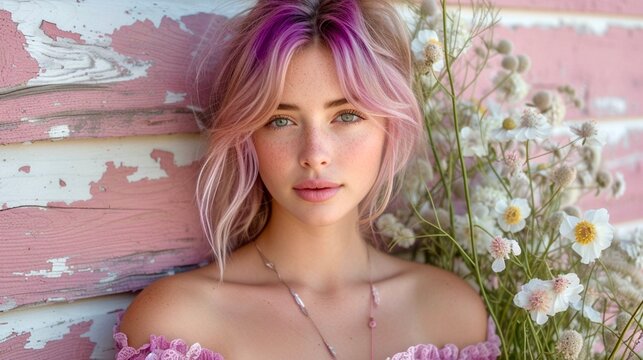 Against the background of an old wooden wall with peeling pink paint, there is a young delicate girl with fair skin and freckles in a lilac sundress and with blonde purple hair