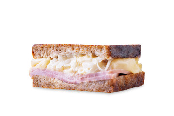 Reuben sandwich with ham, sauerkraut and cheese on a white isolated background